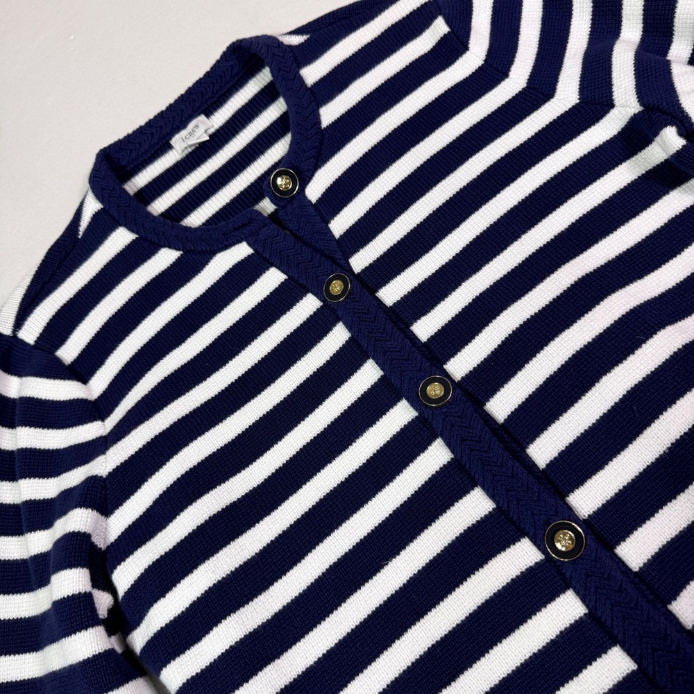 J.Crew Emilie Cardigan Sweater Large Navy White Striped Gold Button Cotton